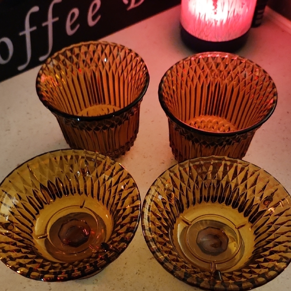 Amber Diamond-Cut Glass Pedestal Dessert Cups - Set of 2 - Picture 2 of 2